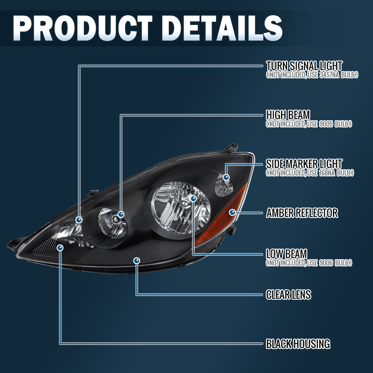 2006-2010 Toyota Sienna  Replacement Halogen Headlights Assembly Pair | Black