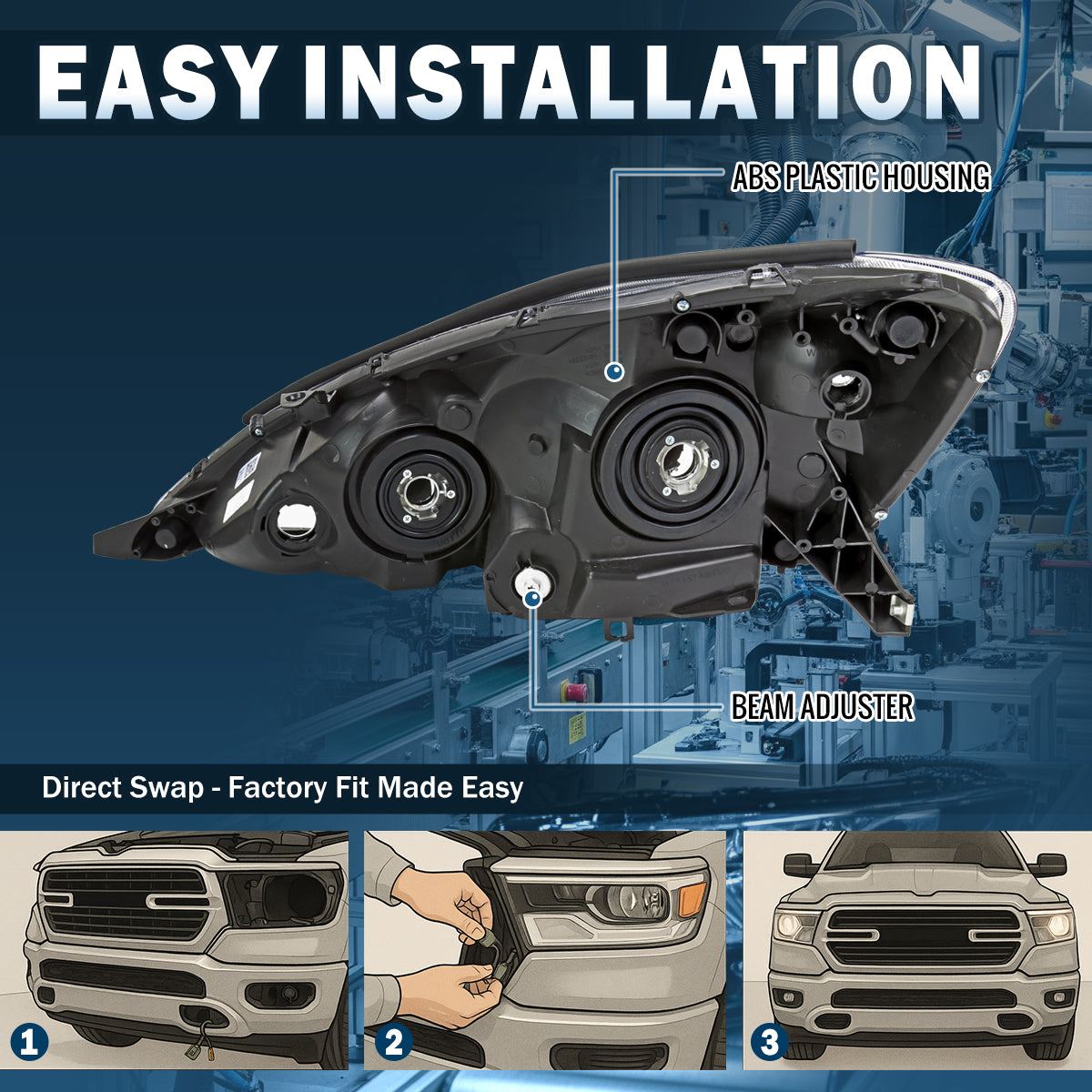 Ronnin - Compatible con Toyota Sienna 2006-2010 Conjunto de faros delanteros halógenos de repuesto lado del pasajero | Cromado