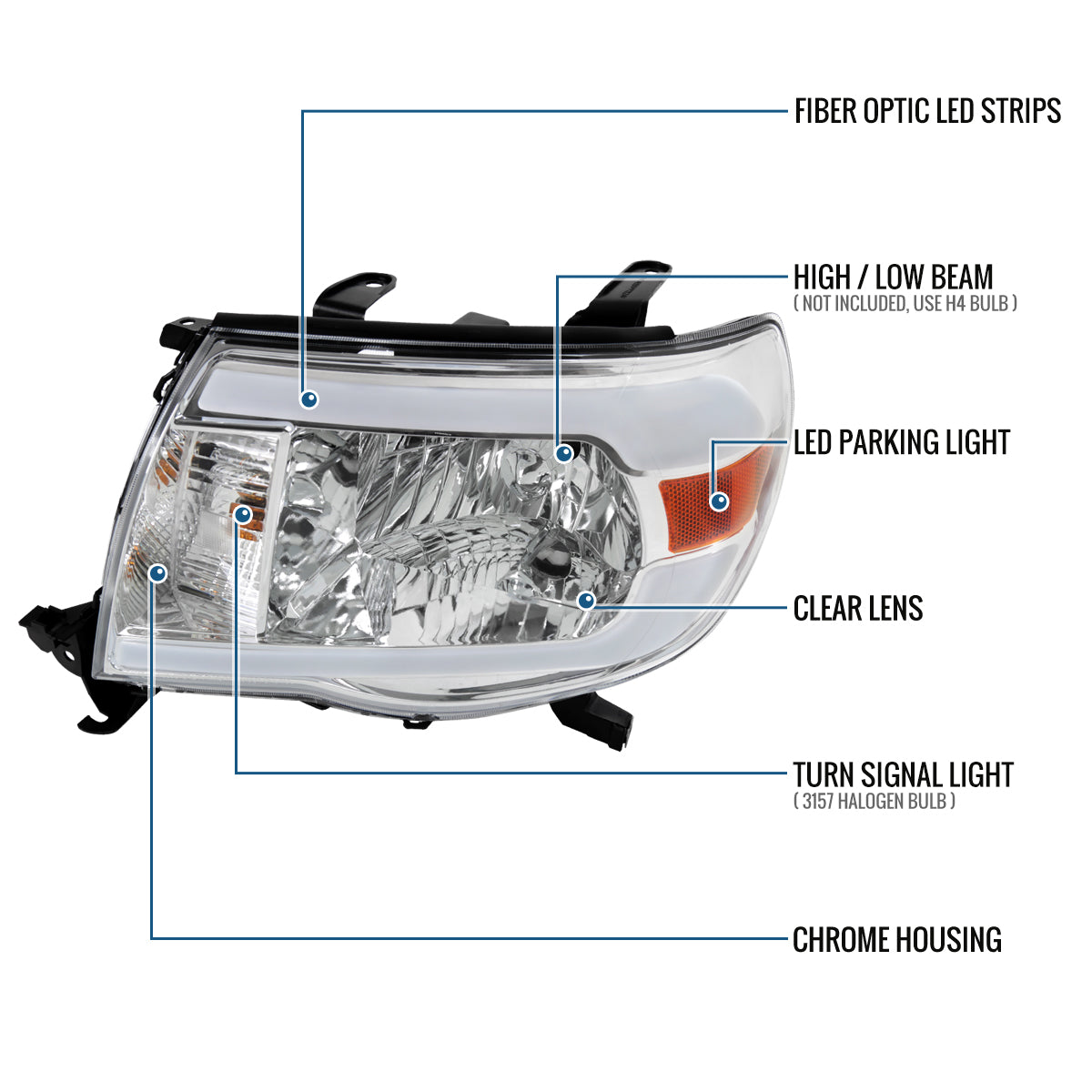 Ronnin - Fits 2005-2011 Toyota Tacoma LED Tube Headlights Assembly Head Lamps Replacement Pair | Chrome