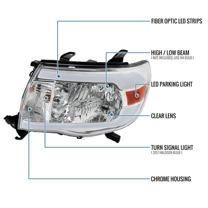 Ronnin - Fits 2005-2011 Toyota Tacoma LED Tube Headlights Assembly Head Lamps Replacement Pair | Chrome