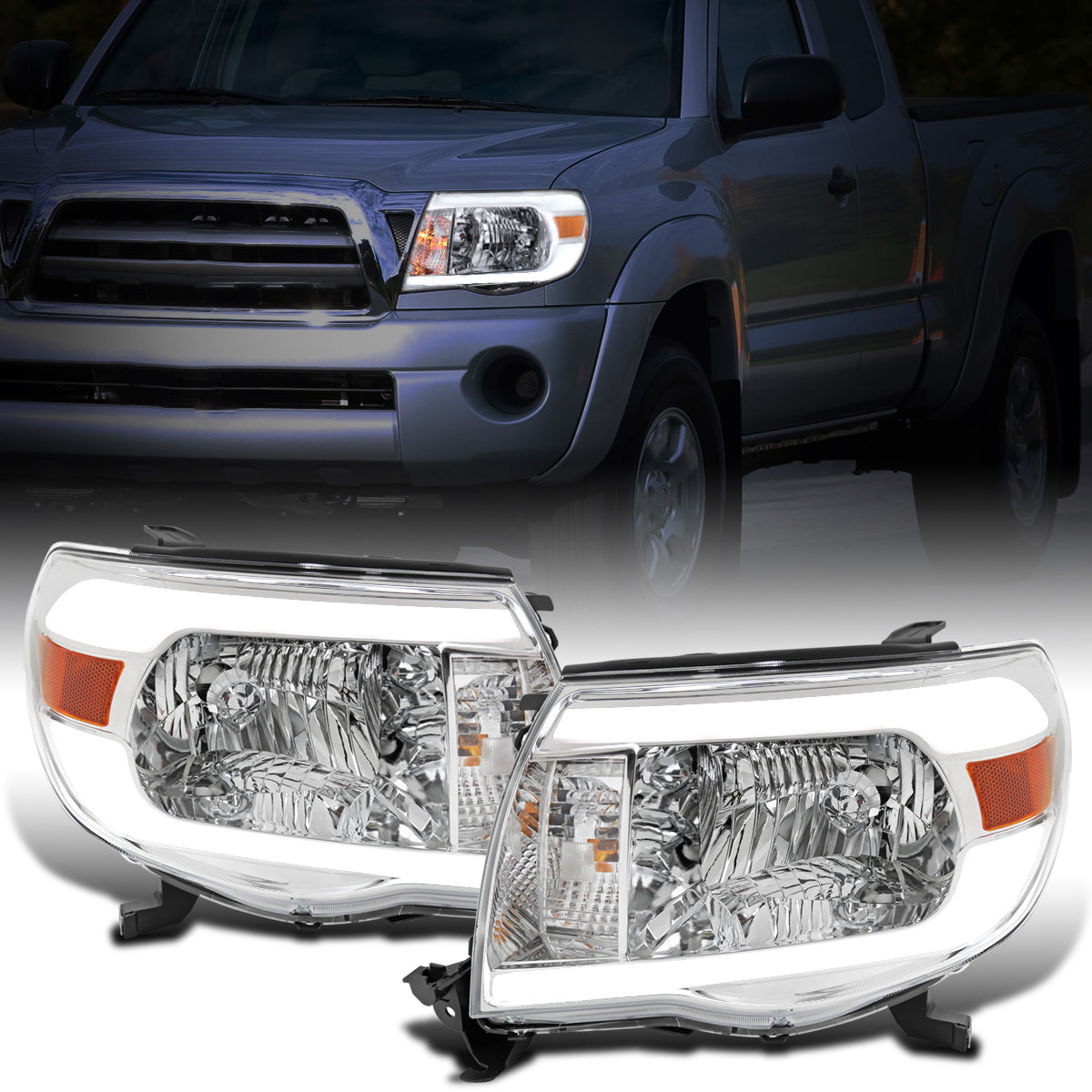 Ronnin - Fits 2005-2011 Toyota Tacoma LED Tube Headlights Assembly Head Lamps Replacement Pair | Chrome