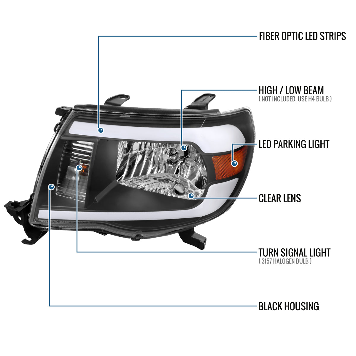 Ronnin - Fits 2005-2011 Toyota Tacoma LED Tube Headlights Assembly Head Lamps Replacement Pair | Black