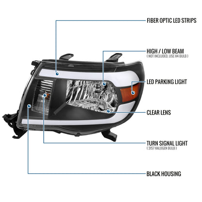 Ronnin - Fits 2005-2011 Toyota Tacoma LED Tube Headlights Assembly Head Lamps Replacement Pair | Black