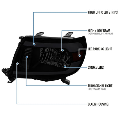 Ronnin - Fits 2005-2011 Toyota Tacoma LED Tube Headlights Assembly Head Lamps Replacement Pair | Black Smoke