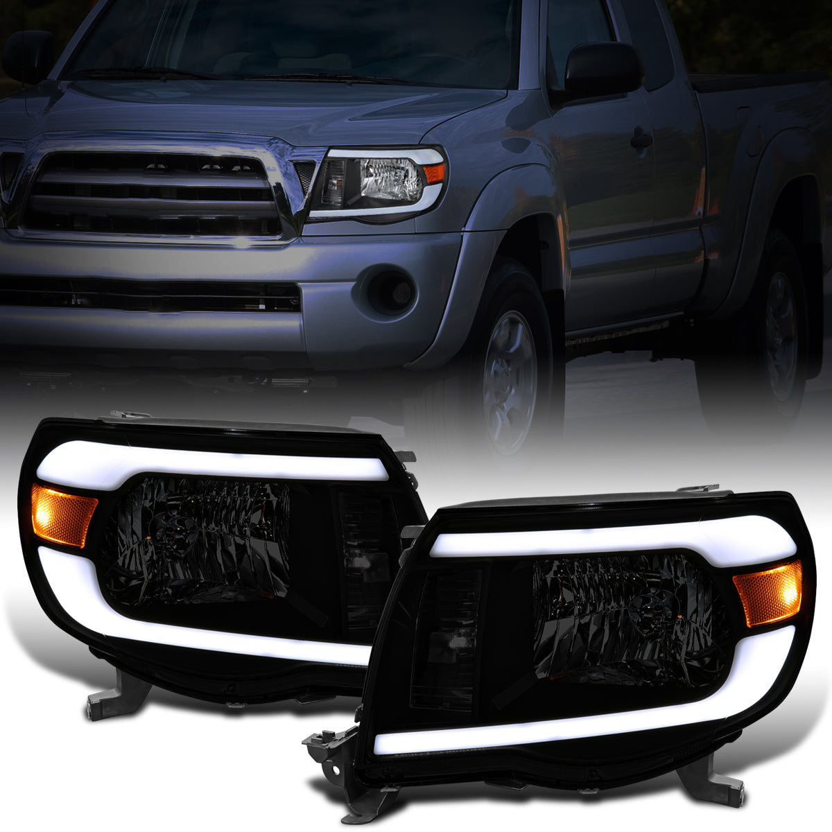 Ronnin - Fits 2005-2011 Toyota Tacoma LED Tube Headlights Assembly Head Lamps Replacement Pair | Black Smoke