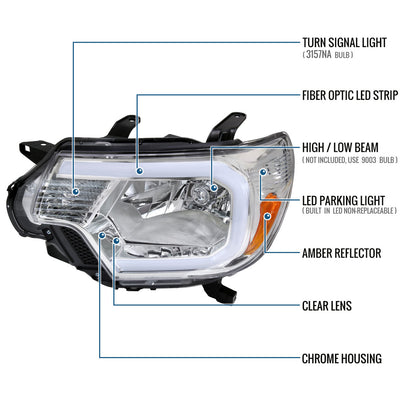 Ronnin - Fits 2012-2015 Toyota Tacoma Upgraded LED Running Tube Lights Headlights Replacement Assembly Pair | Chrome