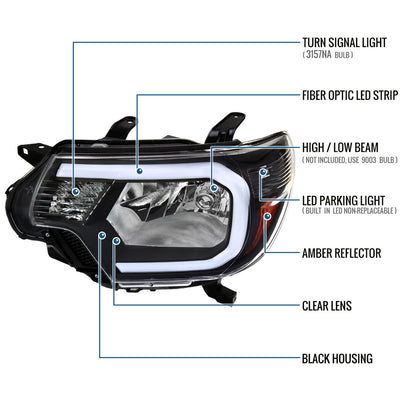 Ronnin - Fits 2012-2015 Toyota Tacoma Upgraded LED Running Tube Lights Headlights Replacement Assembly Pair | Black