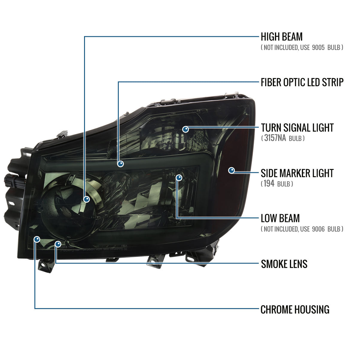 Ronnin - Fits 2004-2007 Nissan Armada 2004-2015 Titan Upgraded LED Running Tube Lights Headlights Replacement Assembly Pair | Smoke