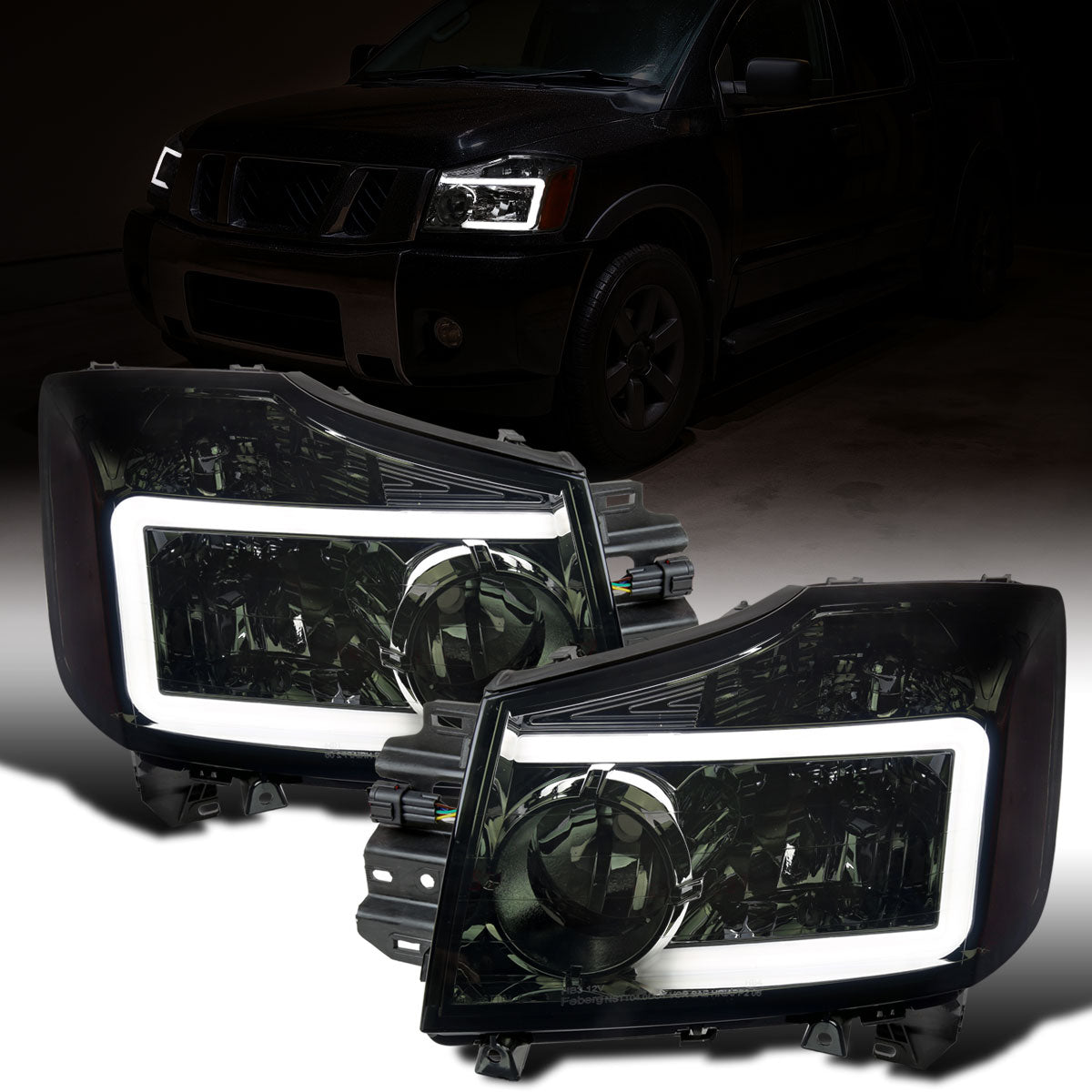 Ronnin - Fits 2004-2007 Nissan Armada 2004-2015 Titan Upgraded LED Running Tube Lights Headlights Replacement Assembly Pair | Smoke