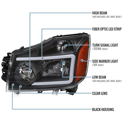 Ronnin - Fits 2004-2007 Nissan Armada 2004-2015 Titan Upgraded LED Running Tube Lights Headlights Replacement Assembly Pair | Black