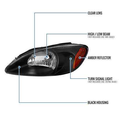 Ronnin - Fits 2000-2007 Ford Taurus Halogen Replacement Headlights Assembly Pair | Black