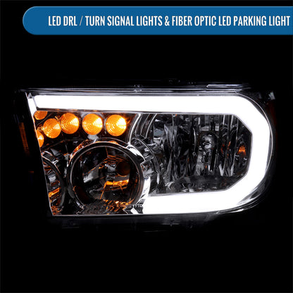 Ronnin - Fits 2007-2013 Toyota Tundra 2008-2017 Toyota Sequoia Upgraded Replacement LED DRL/Turn Signals Headlights Assembly Pair | Chrome