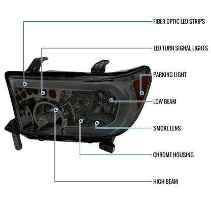 Ronnin - Fits 2007-2013 Toyota Tundra 2008-2017 Toyota Sequoia Upgraded Replacement LED DRL/Turn Signals Headlights Assembly Pair | Smoke