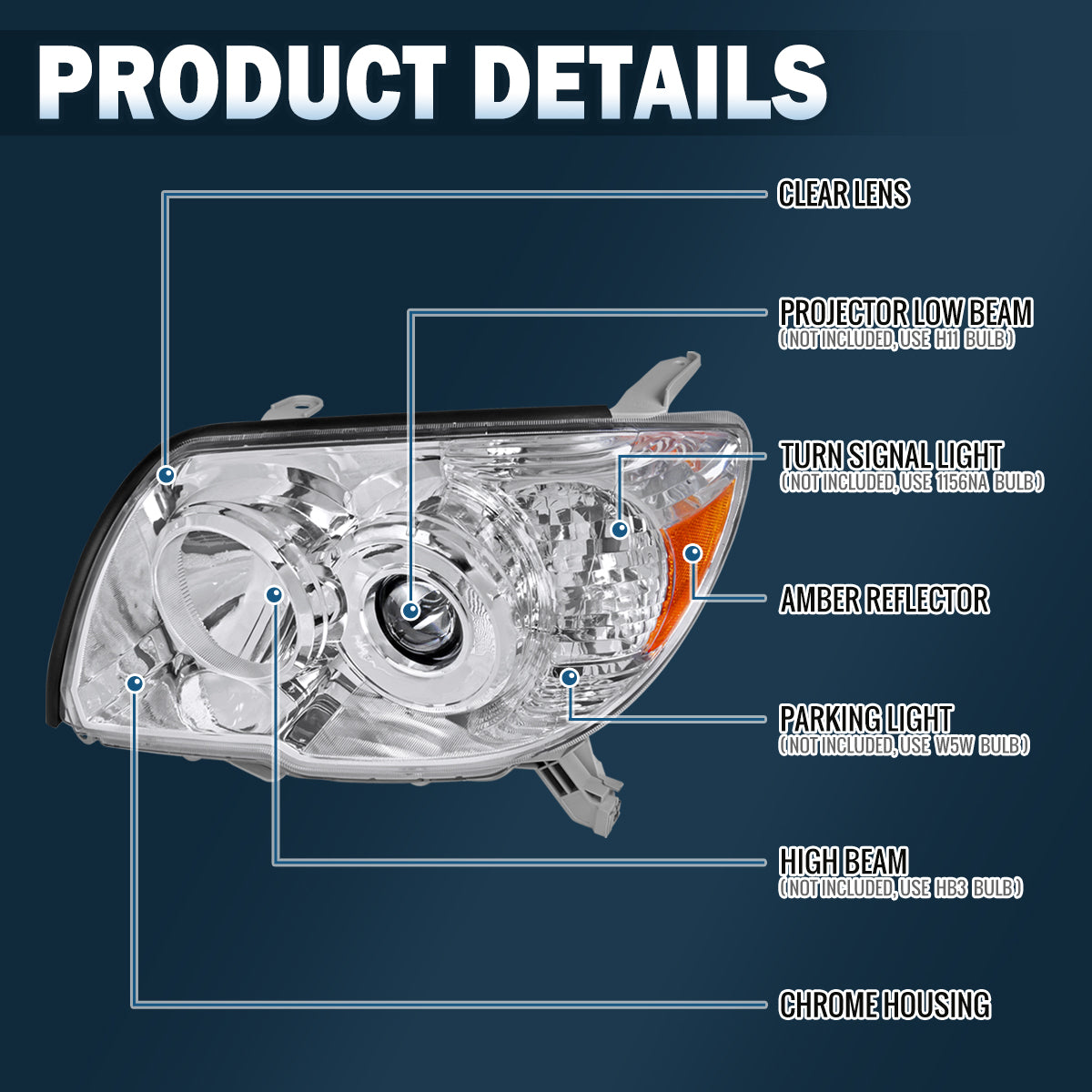 Ronnin - Se adapta a Toyota 4Runner 2006-2009 Montaje de reemplazo de faros de proyector (par) | Cromado