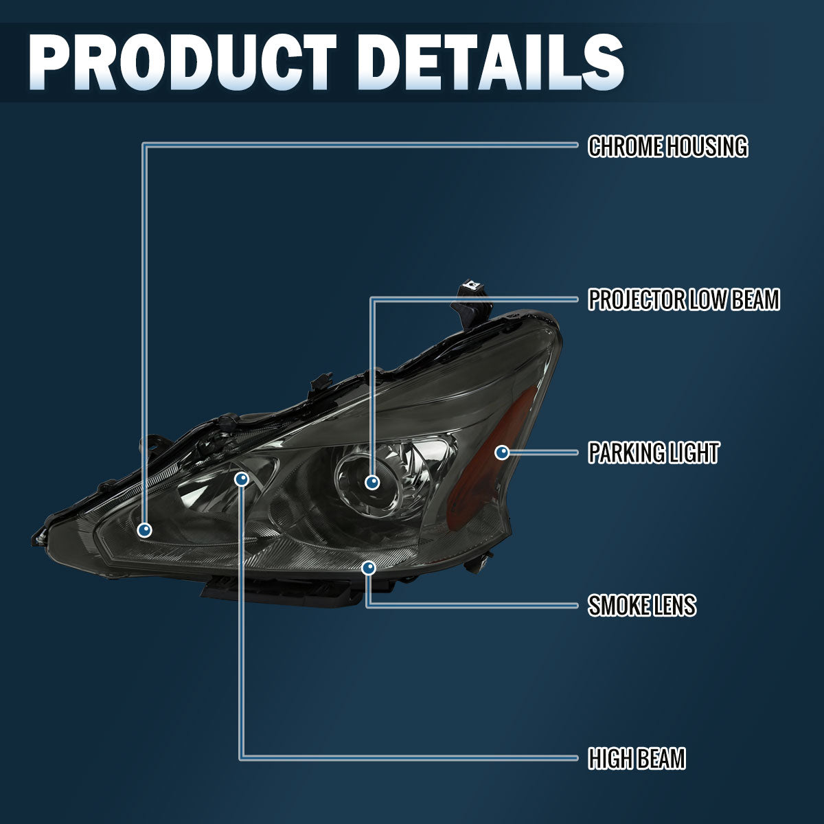 Ronnin - Compatible con Nissan Altima Sedán 2013-2015 Faros Delanteros Proyectores Halógenos de Repuesto Par | Ahumado