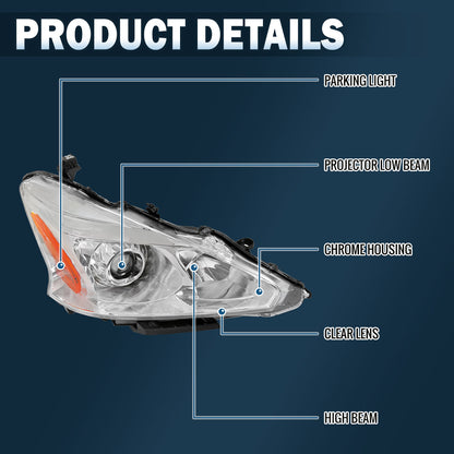 Ronnin - Conjunto de faro proyector halógeno de repuesto para Nissan Altima Sedan 2013-2015 | Cromado | Lado del pasajero