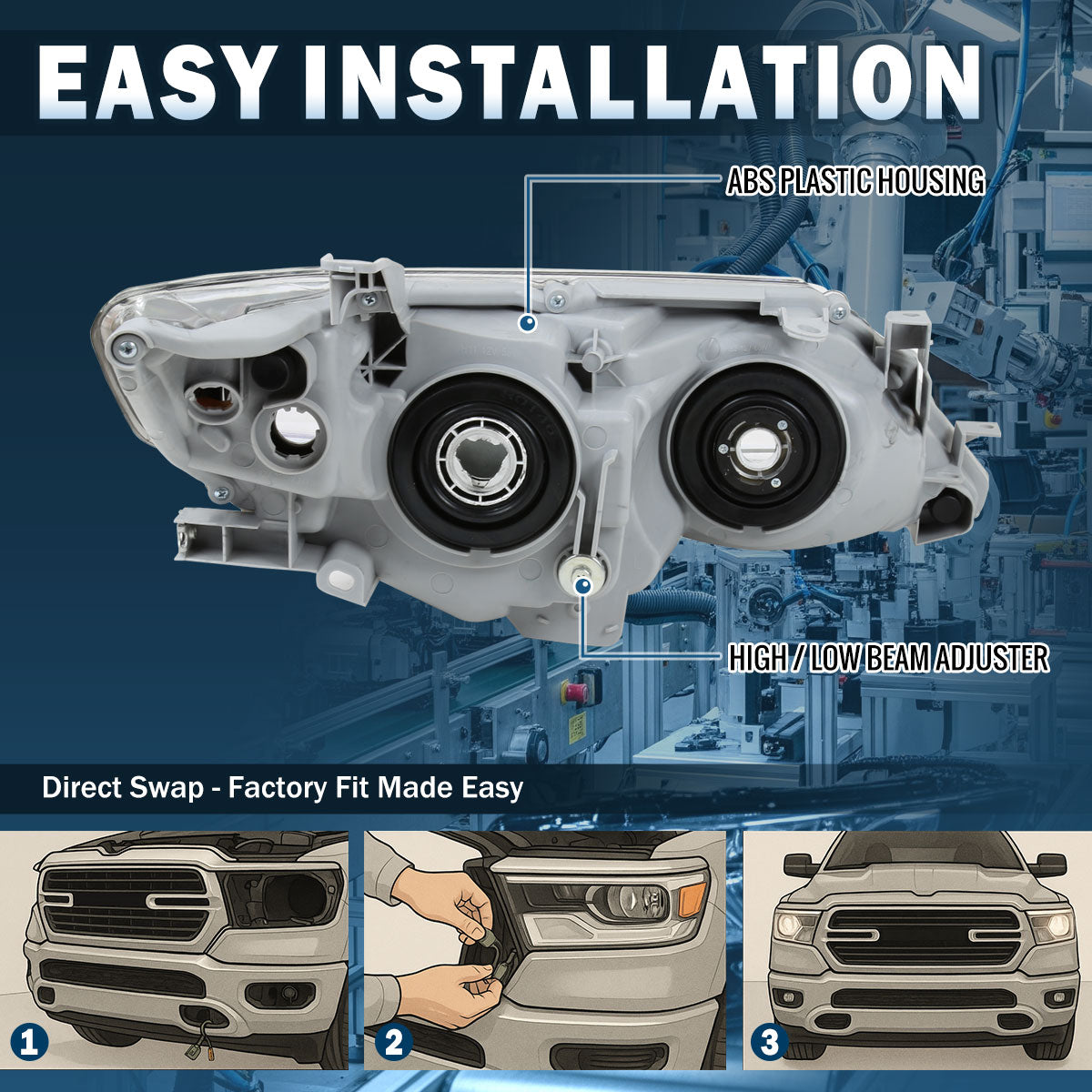 Ronnin - Se adapta a Toyota Camry 2012-2014 Faros delanteros de proyector halógenos de repuesto | Par cromado