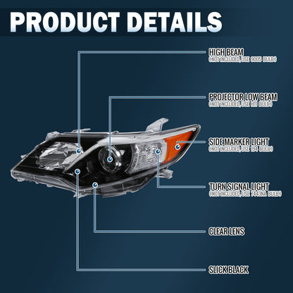 Ronnin - Se adapta a los faros delanteros de proyector halógeno Toyota Camry 2012-2014 | Par de repuesto | Negro brillante