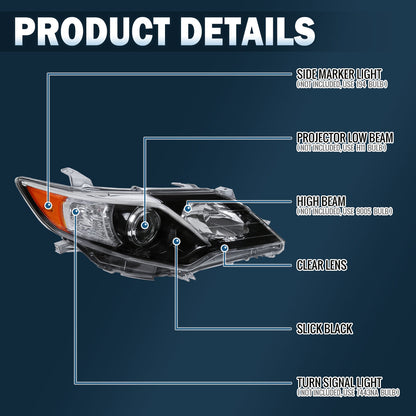 Ronnin - Faros delanteros tipo proyector halógeno de repuesto para Toyota Camry 2012-2014, lado del pasajero | Negro brillante