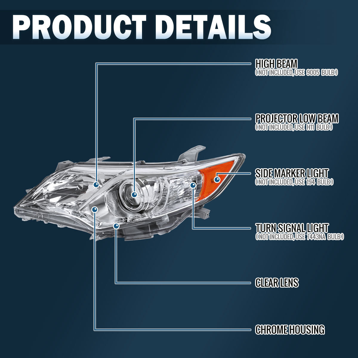 Ronnin - Conjunto de repuesto de faro proyector halógeno para Toyota Camry 2012-2014, lado del conductor | Cromo
