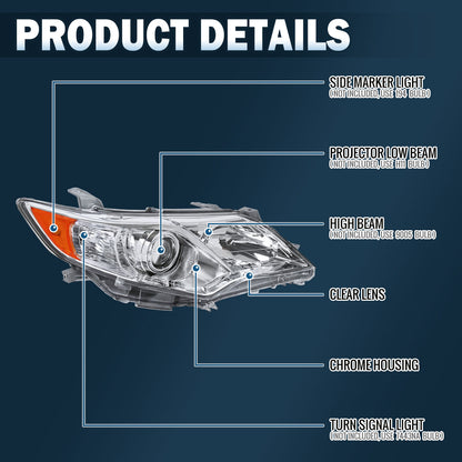 Ronnin - Faros delanteros con proyector halógeno para Toyota Camry 2012-2014, ensamblaje de repuesto del lado del pasajero | Cromado