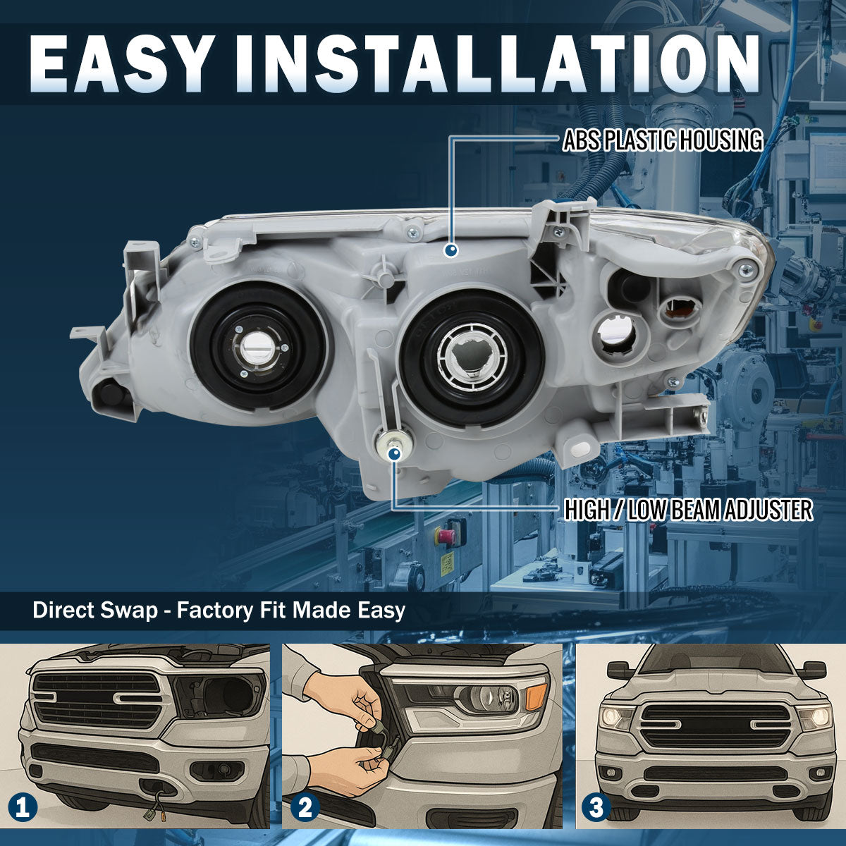 Ronnin - Faros delanteros con proyector halógeno para Toyota Camry 2012-2014, ensamblaje de repuesto del lado del pasajero | Cromado