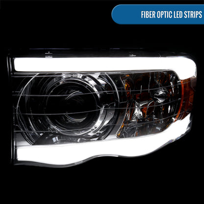 Ronnin - Fits 2002-2005 Dodge Ram 1500 2500 3500 Upgraded LED Tube Running Lights Projector Headlights Replacement Assembly Pair | Chrome