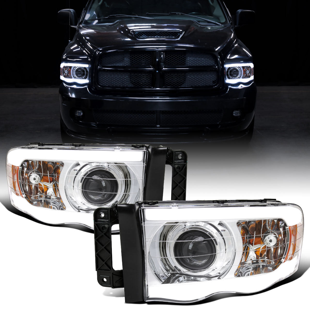 Ronnin - Fits 2002-2005 Dodge Ram 1500 2500 3500 Upgraded LED Tube Running Lights Projector Headlights Replacement Assembly Pair | Chrome