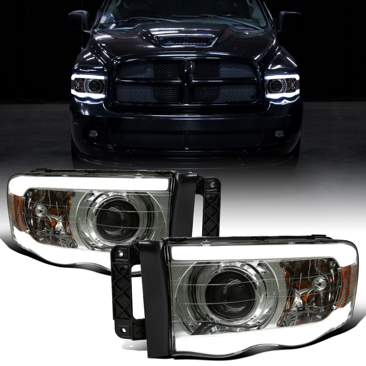 Ronnin - Fits 2002-2005 Dodge Ram 1500 2500 3500 Upgraded LED Tube Running Lights Projector Headlights Replacement Assembly Pair | Smoke