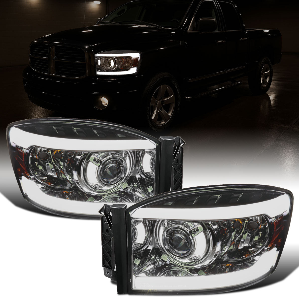 Ronnin - Fits 2006-2009 Dodge Ram 1500 2500 3500 Upgraded LED Tube Running Lights Projector Headlights Replacement Assembly Pair | Smoke
