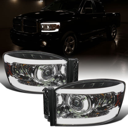 Ronnin - Fits 2006-2009 Dodge Ram 1500 2500 3500 Upgraded LED Tube Running Lights Projector Headlights Replacement Assembly Pair | Smoke