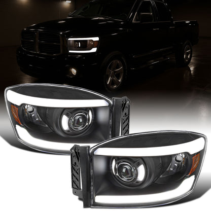 Ronnin - Fits 2006-2009 Dodge Ram 1500 2500 3500 Upgraded LED Tube Running Lights Projector Headlights Replacement Assembly Pair | Black