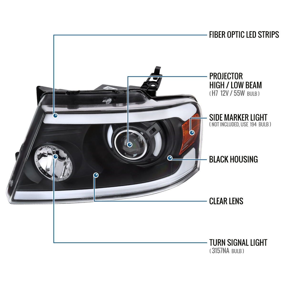 Ronnin - Fits 2004-2008 Ford F150 2006-2008 Lincoln Mark LT LED Tube Running Lights Projector Headlights Replacement Assembly Pair | Black