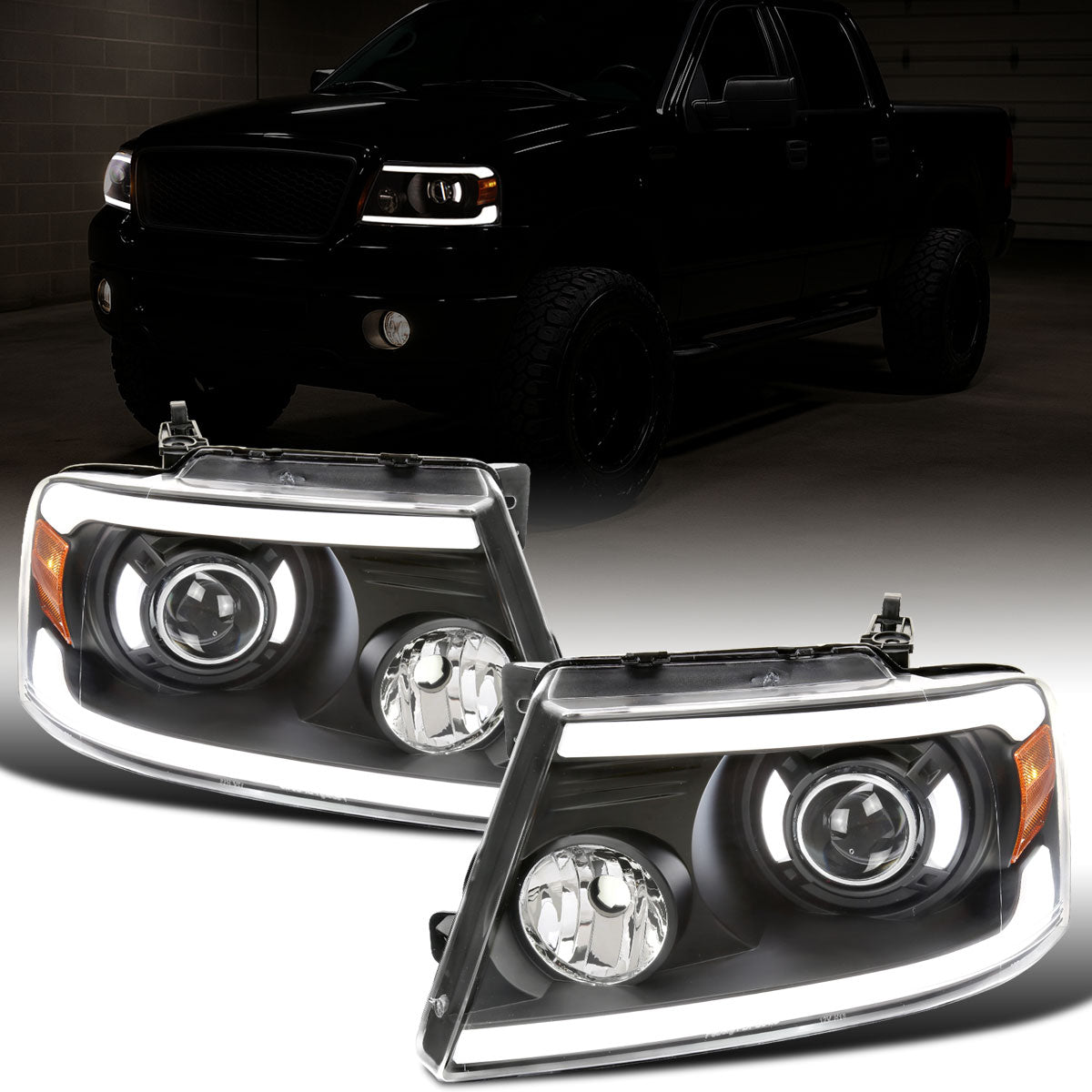 Ronnin - Fits 2004-2008 Ford F150 2006-2008 Lincoln Mark LT LED Tube Running Lights Projector Headlights Replacement Assembly Pair | Black