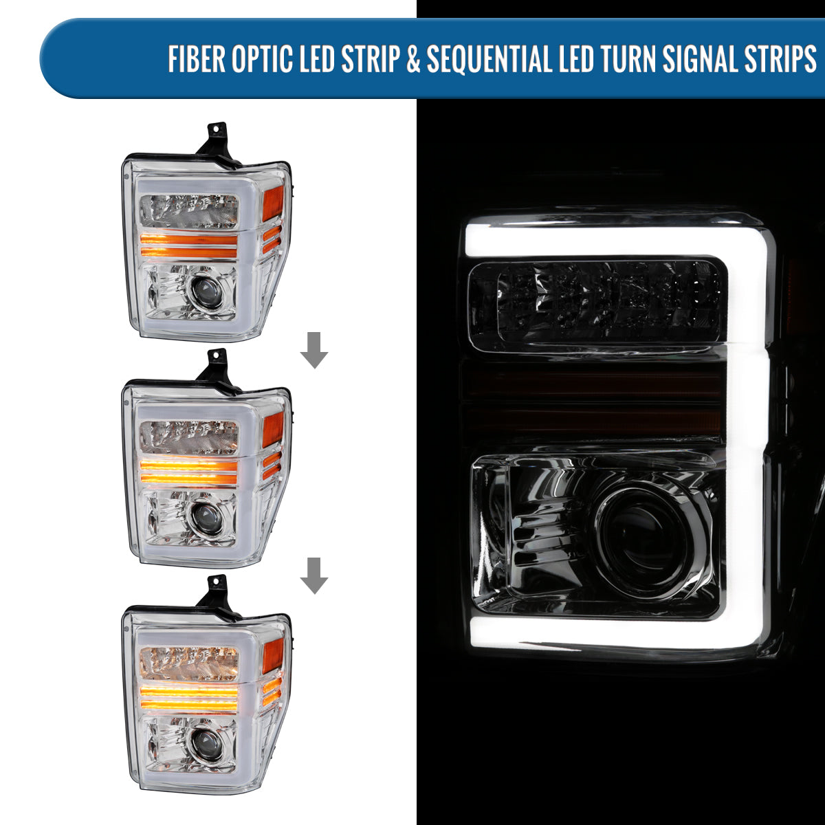 Ronnin - Fits 2008-2010 Ford F250 F350 F450 F550 Super Duty Pickup Projector Headlights LED Tube Sequential Turn Signal Lamps Assembly Pair | Chrome