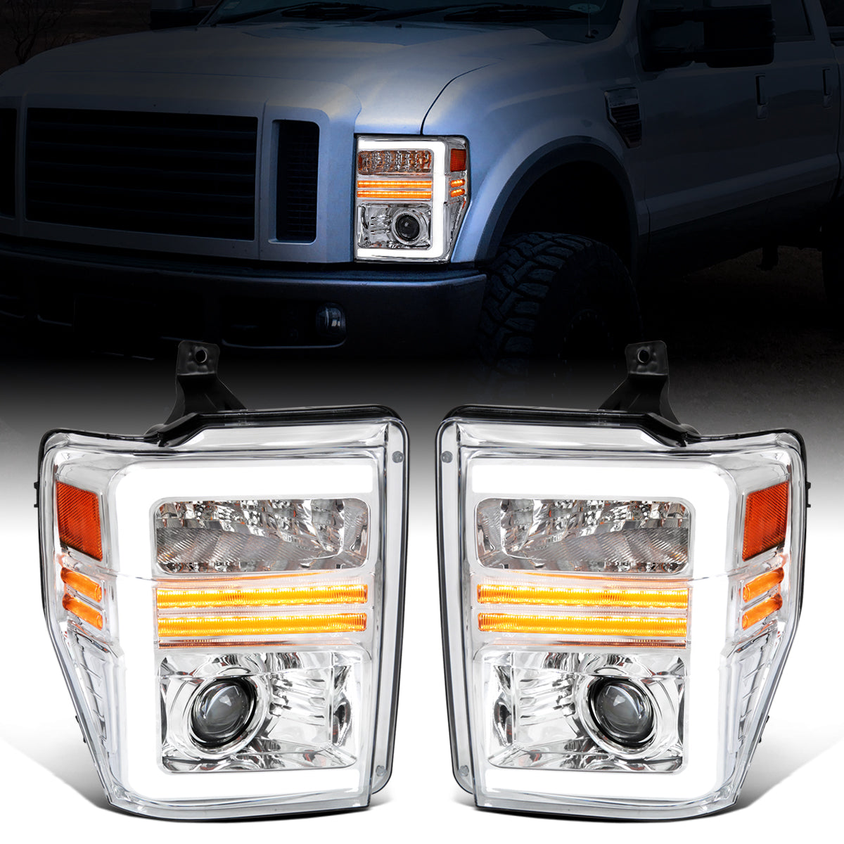 Ronnin - Fits 2008-2010 Ford F250 F350 F450 F550 Super Duty Pickup Projector Headlights LED Tube Sequential Turn Signal Lamps Assembly Pair | Chrome