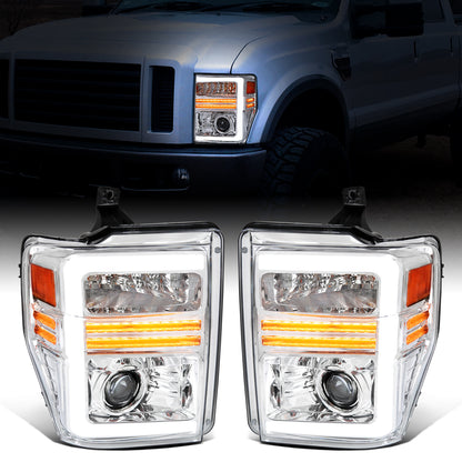 Ronnin - Fits 2008-2010 Ford F250 F350 F450 F550 Super Duty Pickup Projector Headlights LED Tube Sequential Turn Signal Lamps Assembly Pair | Chrome