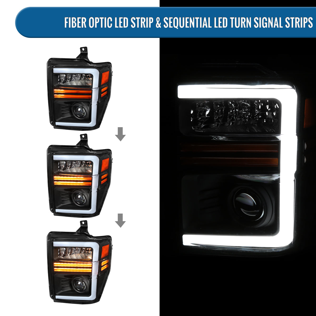 Ronnin - Fits 2008-2010 Ford F250 F350 F450 F550 Super Duty Pickup Projector Headlights LED Tube Sequential Turn Signal Lamps Assembly Pair | Black