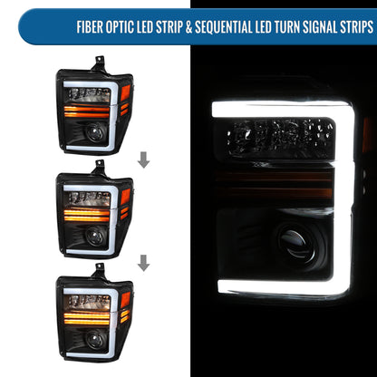 Ronnin - Fits 2008-2010 Ford F250 F350 F450 F550 Super Duty Pickup Projector Headlights LED Tube Sequential Turn Signal Lamps Assembly Pair | Black