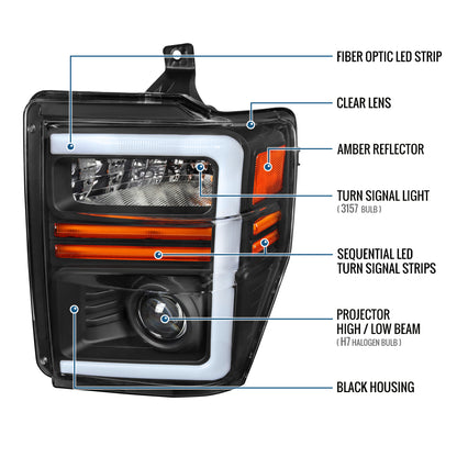 Ronnin - Fits 2008-2010 Ford F250 F350 F450 F550 Super Duty Pickup Projector Headlights LED Tube Sequential Turn Signal Lamps Assembly Pair | Black