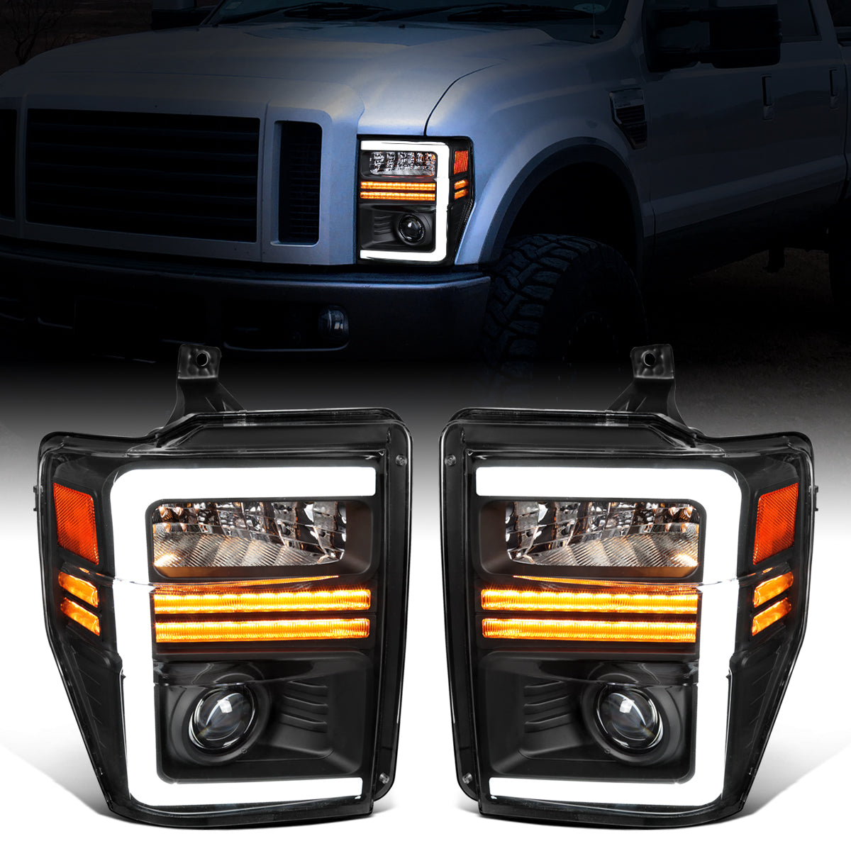 Ronnin - Fits 2008-2010 Ford F250 F350 F450 F550 Super Duty Pickup Projector Headlights LED Tube Sequential Turn Signal Lamps Assembly Pair | Black