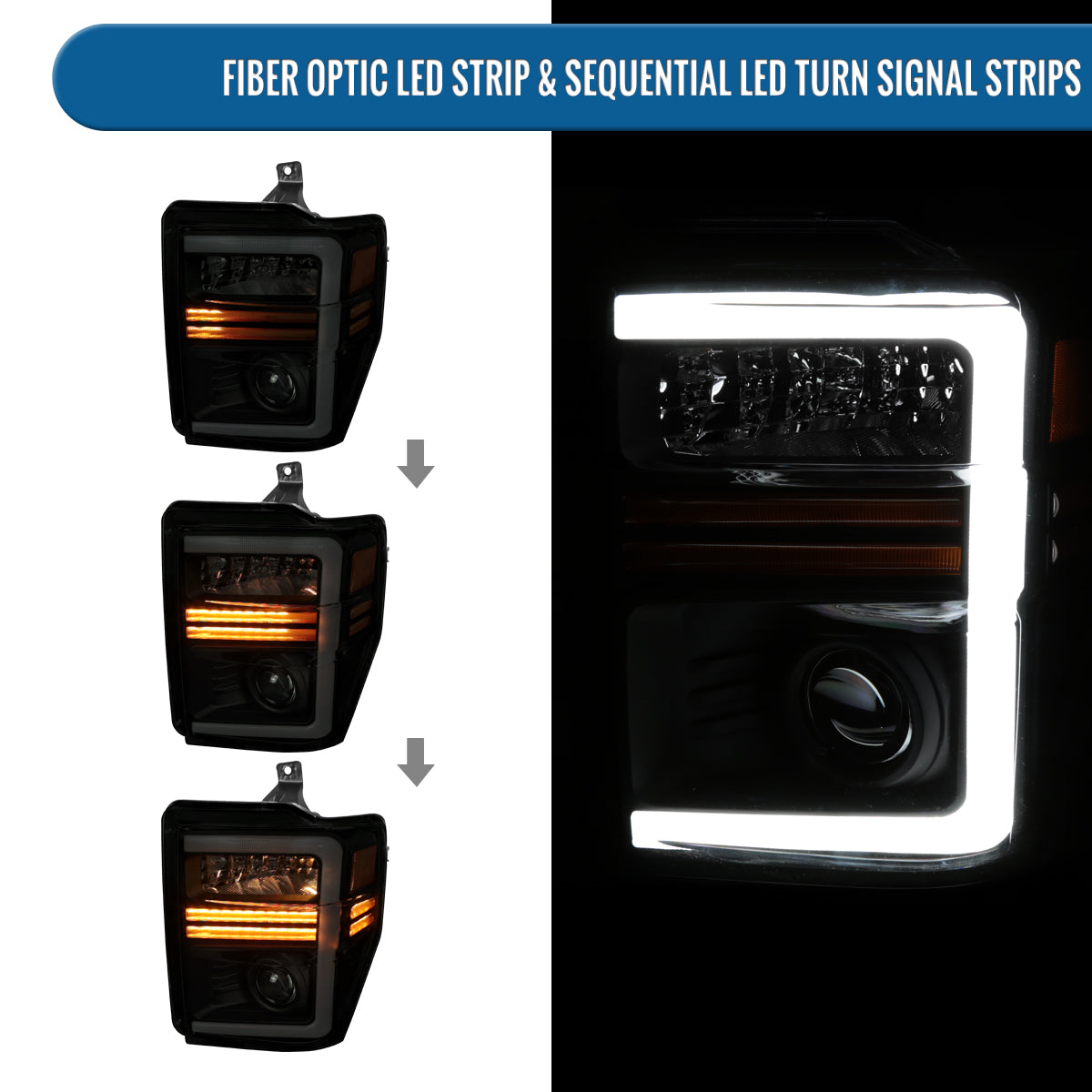 Ronnin - Fits 2008-2010 Ford F250 F350 F450 F550 Super Duty Pickup Projector Headlights LED Tube Sequential Turn Signal Lamps Assembly Pair | Black Smoke