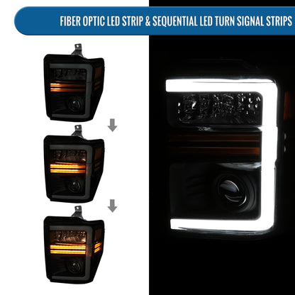 Ronnin - Fits 2008-2010 Ford F250 F350 F450 F550 Super Duty Pickup Projector Headlights LED Tube Sequential Turn Signal Lamps Assembly Pair | Black Smoke