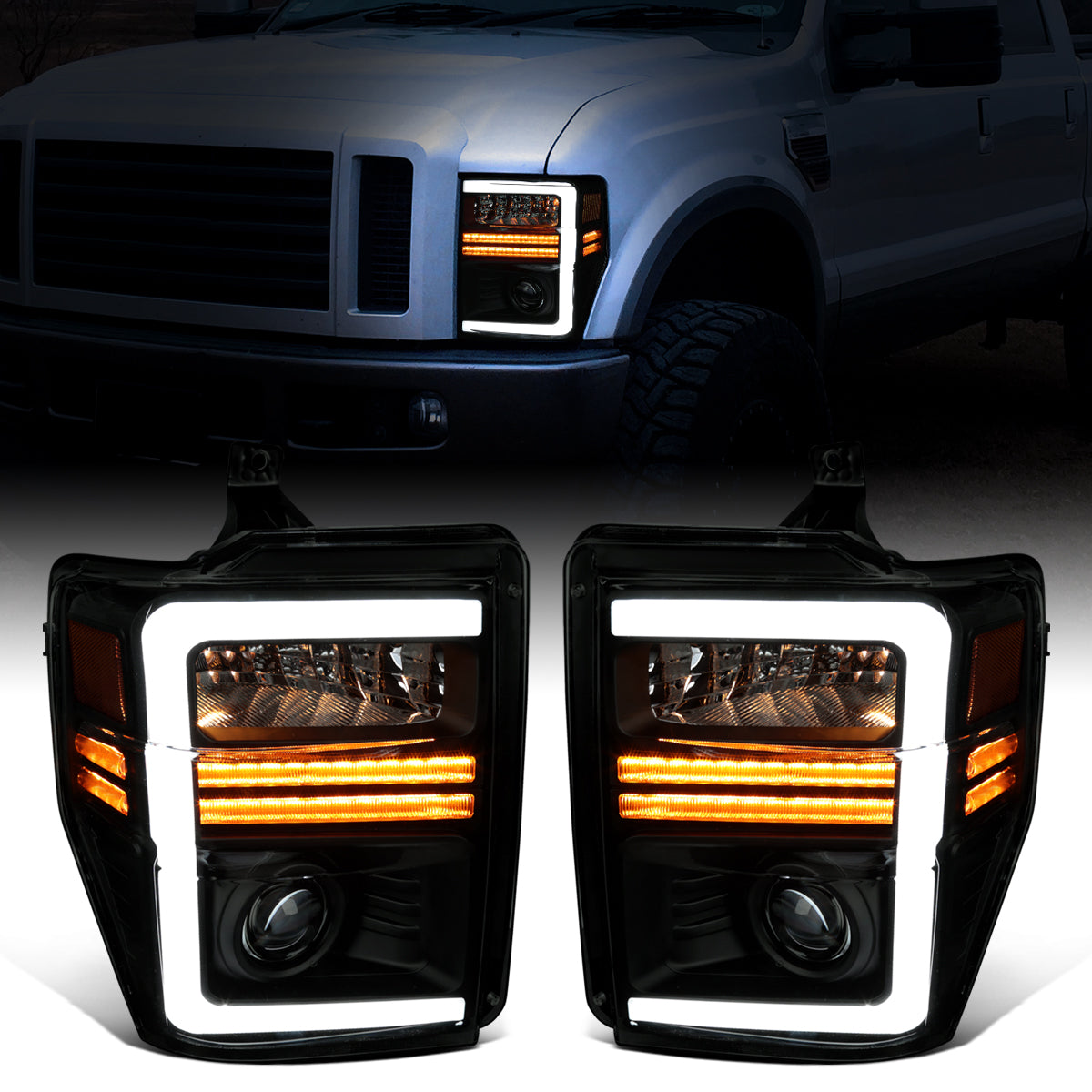 Ronnin - Fits 2008-2010 Ford F250 F350 F450 F550 Super Duty Pickup Projector Headlights LED Tube Sequential Turn Signal Lamps Assembly Pair | Black Smoke