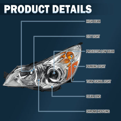 Ronnin - Faros delanteros halógenos tipo proyector de repuesto para Subaru Legacy Outback 2010-2014, lado del conductor | Cromado