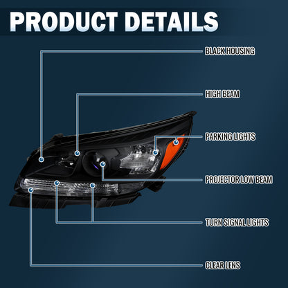 Ronnin - Se adapta a Chevy Malibu 2013-2015, Malibu Limited 2016 Par de ensamblaje de repuesto de faros proyectores halógenos | Negro