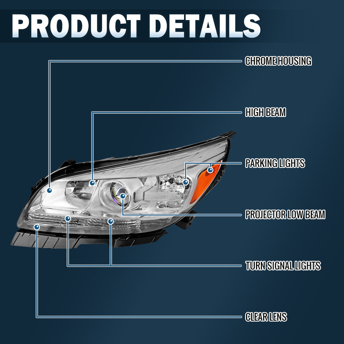 Ronnin - Faros delanteros tipo proyector halógeno de repuesto para Chevy Malibu 2013-2015 y Malibu Limited 2016, lado del conductor | Cromo