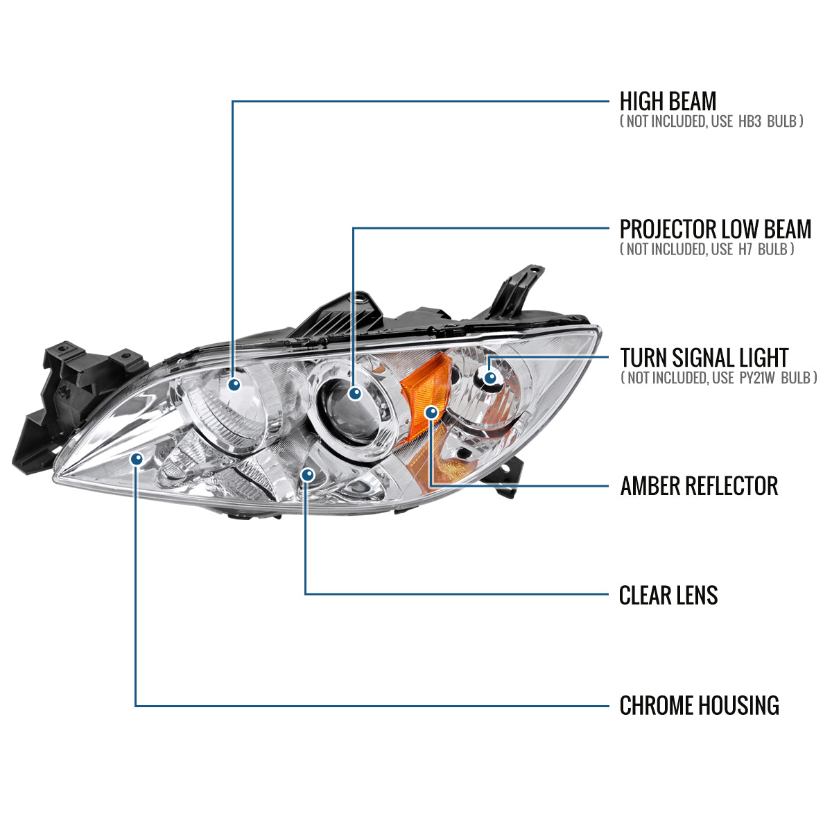 Ronnin - Fits 2004-2009 Mazda 3 Sedan 4-Door Projector Headlights Halogen Models Replacement Pair | Chrome