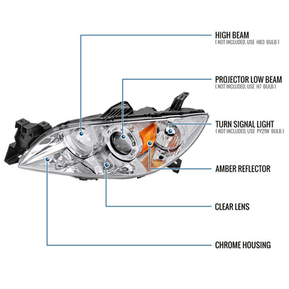 Ronnin - Fits 2004-2009 Mazda 3 Sedan 4-Door Projector Headlights Halogen Models Replacement Pair | Chrome