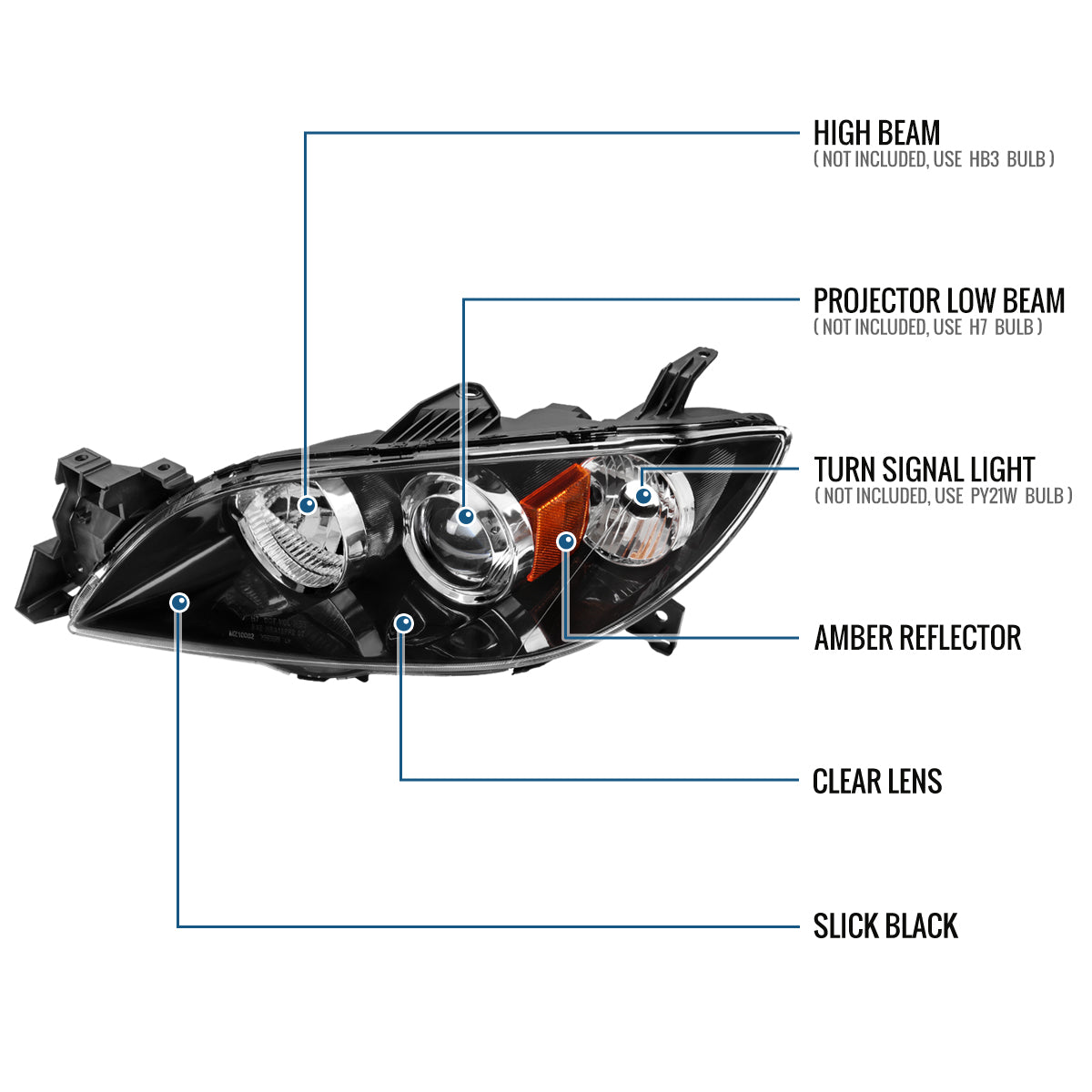 Ronnin - Fits 2004-2009 Mazda 3 Sedan 4-Door Projector Headlights Halogen Models Replacement Pair | Glossy Black